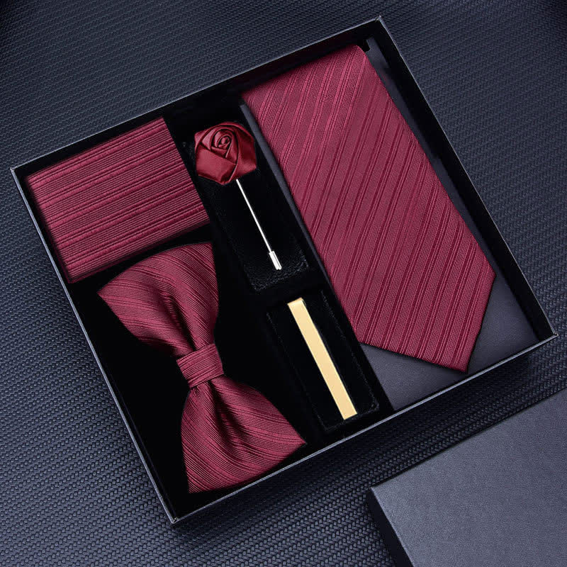 5Pcs Men's Twilled Necktie Rose Brooch Bow Ties Gift Box