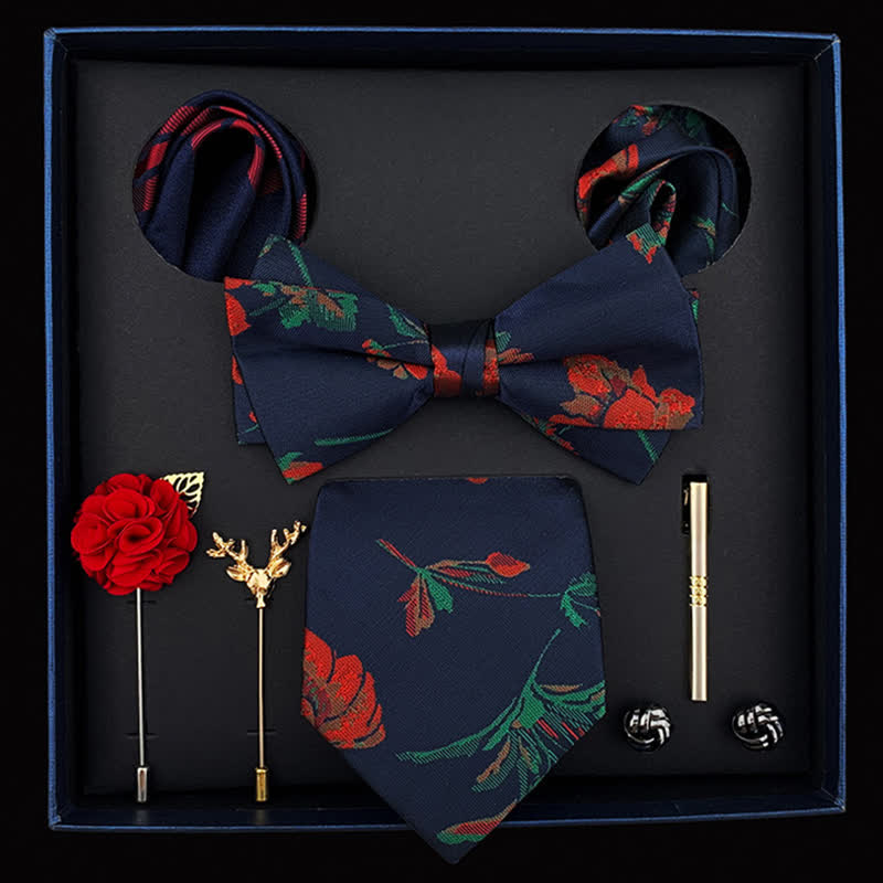 8Pcs Men's Navy Blue & Red Charming Rose Bow Ties Gift Box