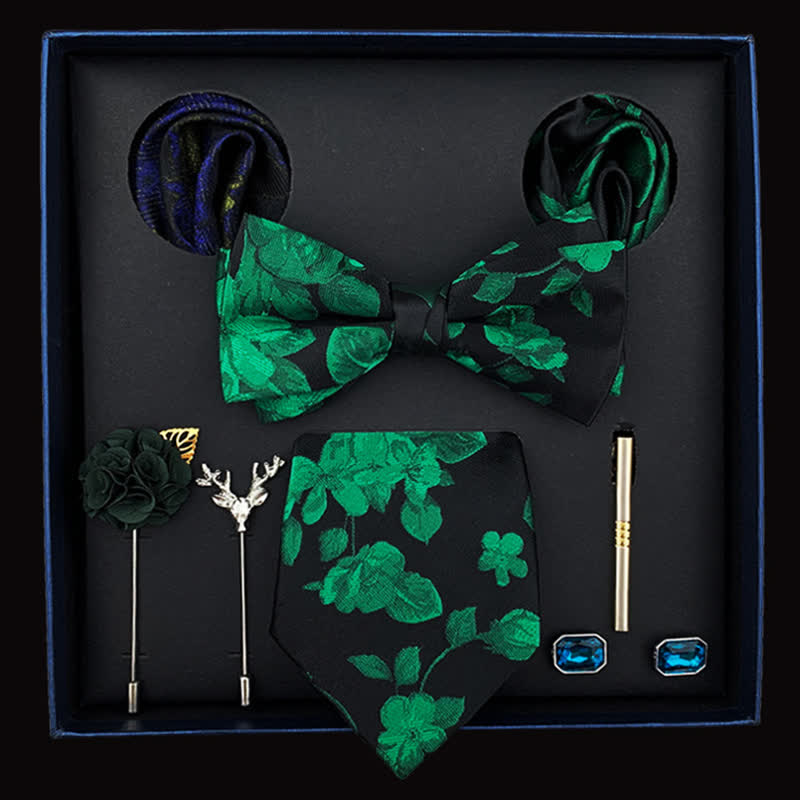 8Pcs Men's Green & Black Leaves Floral Bow Ties Gift Box