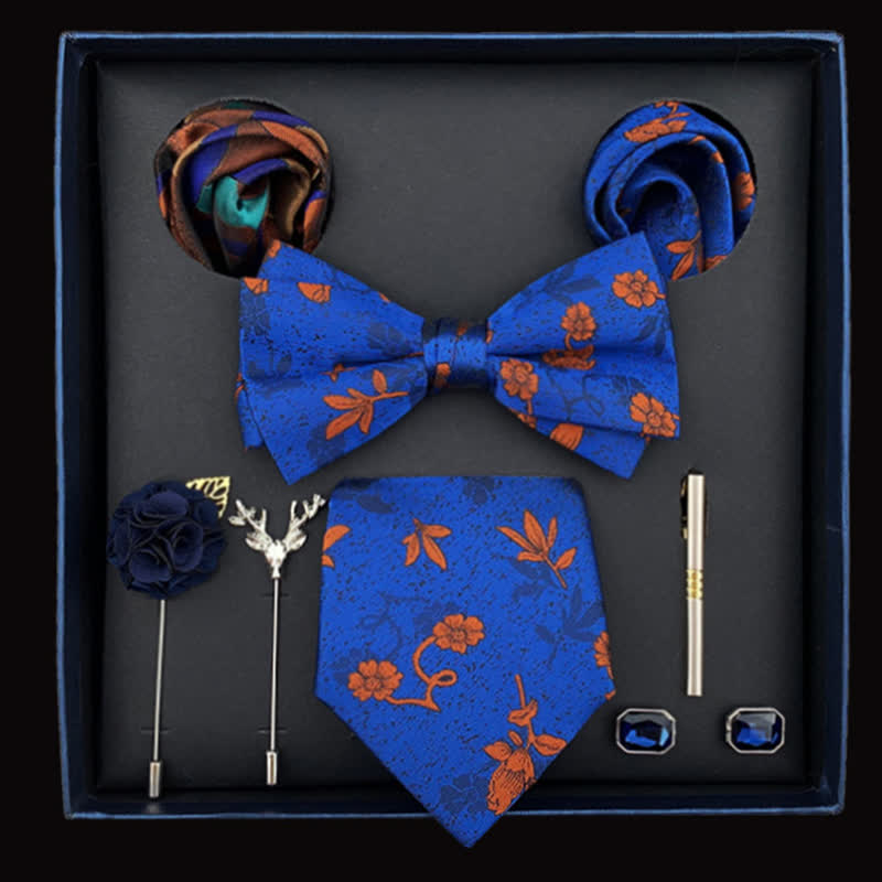 8Pcs Men's Royal Blue & Orange Little Daisy Bow Ties Gift Box