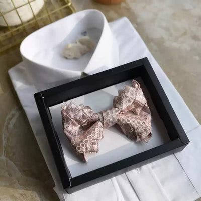 Men's Exquisite Lace Gray Pink Oversized Pointed Bow Tie