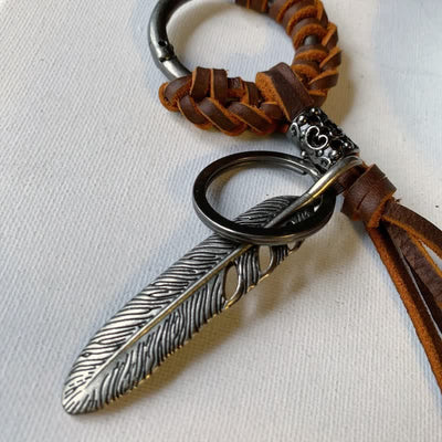 Vintage Metal Feather Braided Leather Tassel Keychain