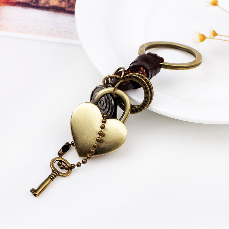 Heart Shaped Lock & Key Leather Keychain