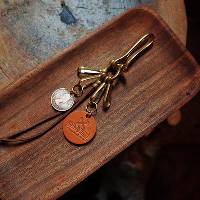 Mechanic Style Antique Brass Coin Belt Clip Leather Keychain