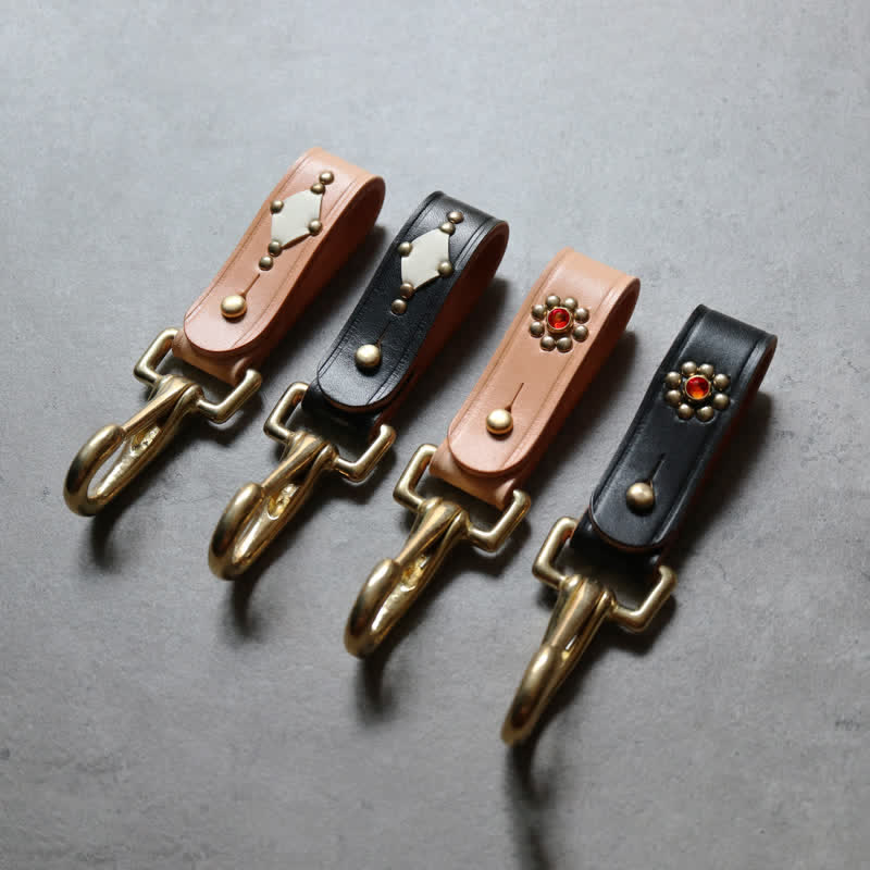 Rivets Studded Brass Key Holder Belt Clip Leather Keychain