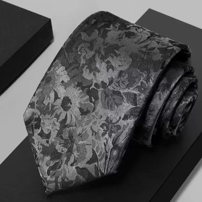 Men's Dark Gray & Black Floral Pure Silk Necktie