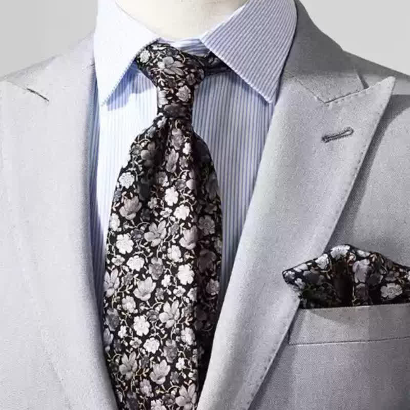 Men's Black & Gray Liitle Floral Pure Silk Necktie