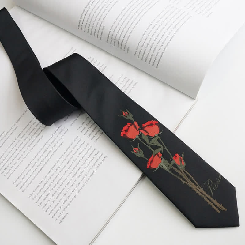 Men's Romantic Black A Bunch Of Red Roses Pattern Necktie