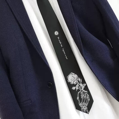 Men's Black & Silver Give People Rose Printed Necktie