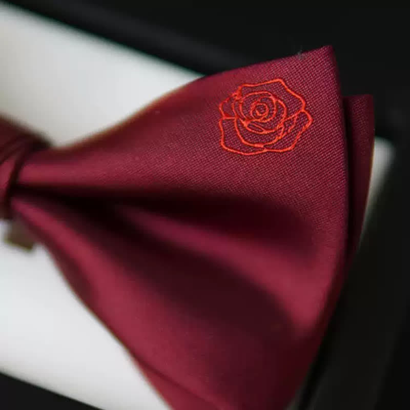 Men's Bugundy Rose Embroidery Handkerchief Bow Tie