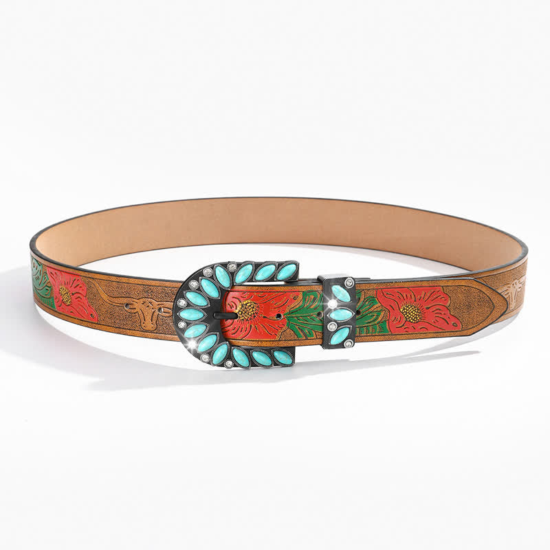 Boho Chic Vintage Feather Print Turquoise Buckle Leather Belt