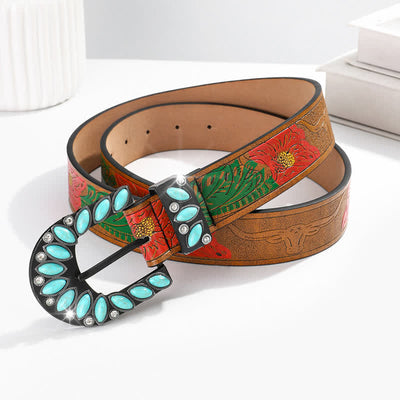 Boho Chic Vintage Feather Print Turquoise Buckle Leather Belt