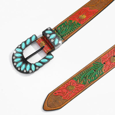 Boho Chic Vintage Feather Print Turquoise Buckle Leather Belt