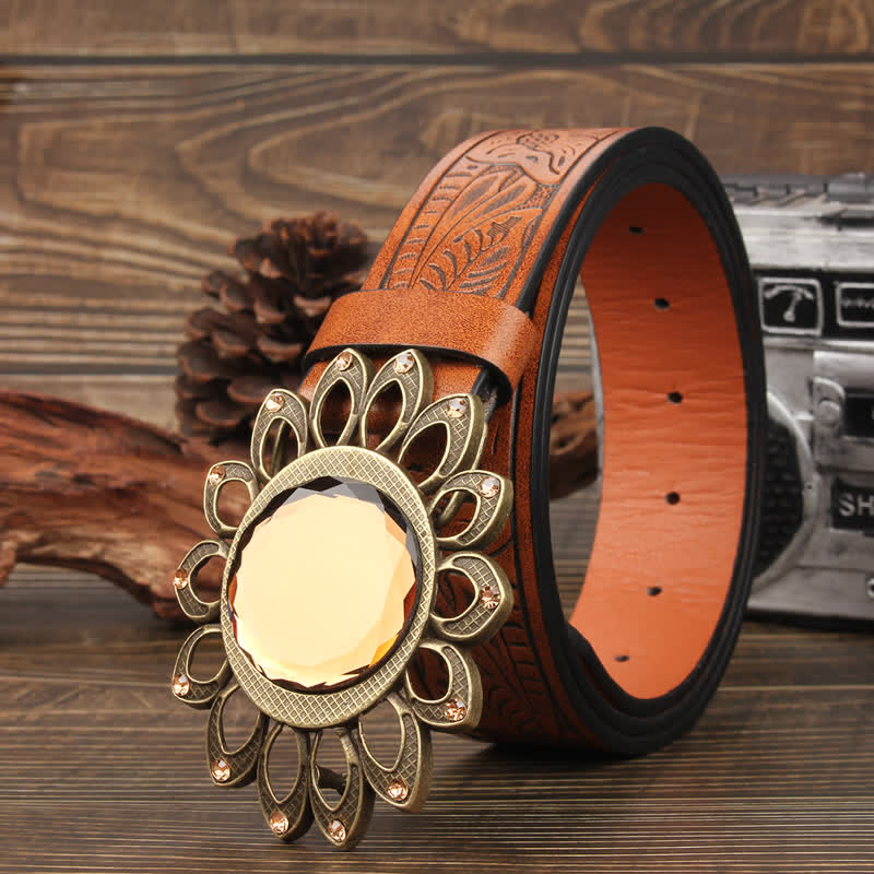 Crystal Burst Sunflower Buckle Leather Belt