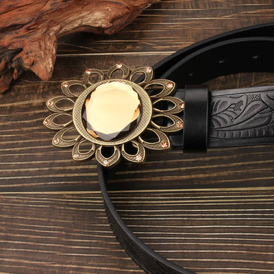 Crystal Burst Sunflower Buckle Leather Belt