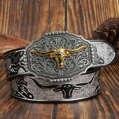 Weatern Gold Longhorn Bull Head Colorful Leather Belt