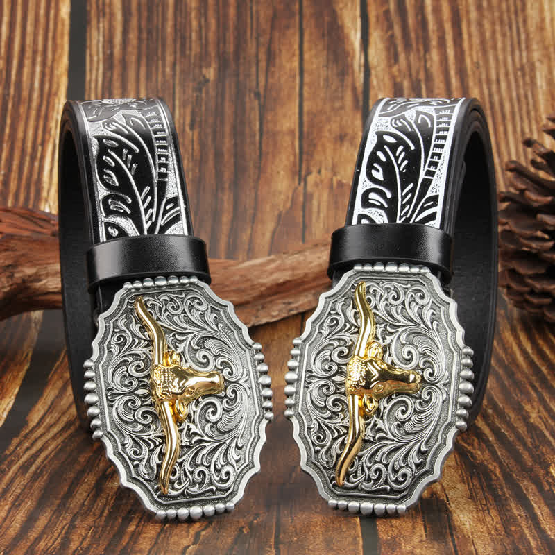 Weatern Gold Longhorn Bull Head Colorful Leather Belt