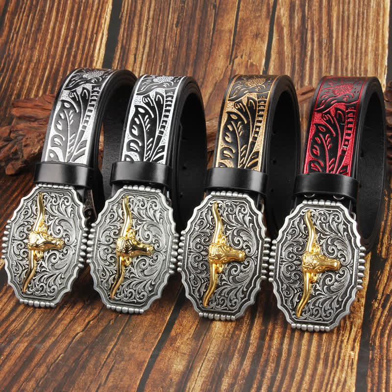 Weatern Gold Longhorn Bull Head Colorful Leather Belt