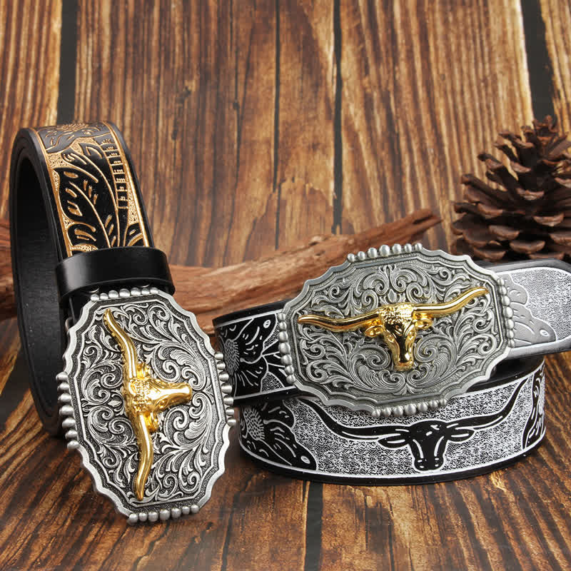 Weatern Gold Longhorn Bull Head Colorful Leather Belt