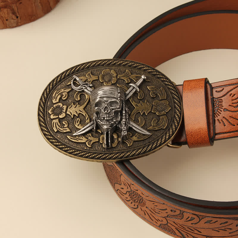 Vampire Skull & Dual Swords Buckle Leather Belt