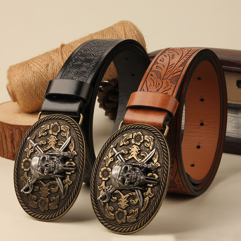 Vampire Skull & Dual Swords Buckle Leather Belt