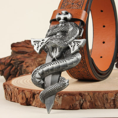 Men's Silver 3D The Dagger & The Cobra Buckle Leather Belt