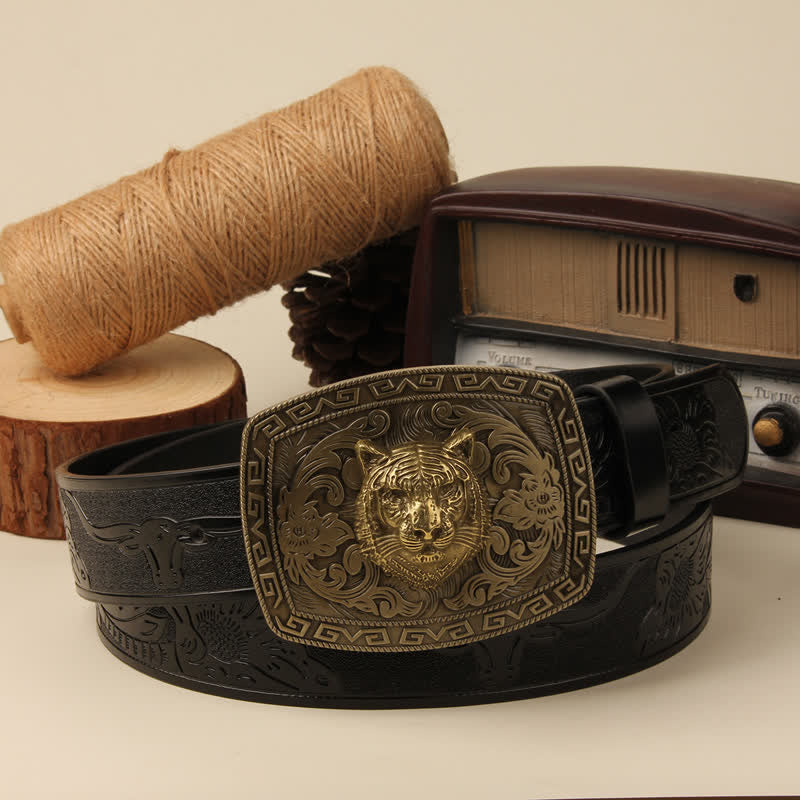 Men's Tiger Head Buckle Carved Floral Buckle Leather Belt