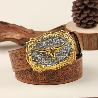 Gold & Silver Western Bull Buckle Leather Belt