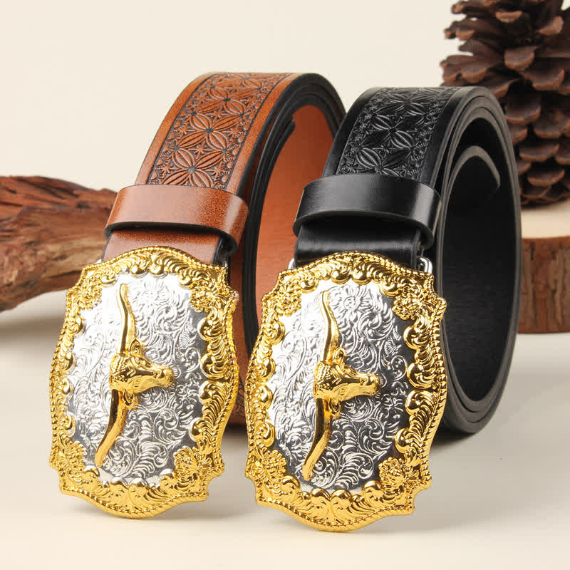 Gold & Silver Western Bull Buckle Leather Belt