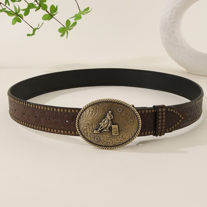 Western Style Rivet Embossed Weave Pattern Leather Belt