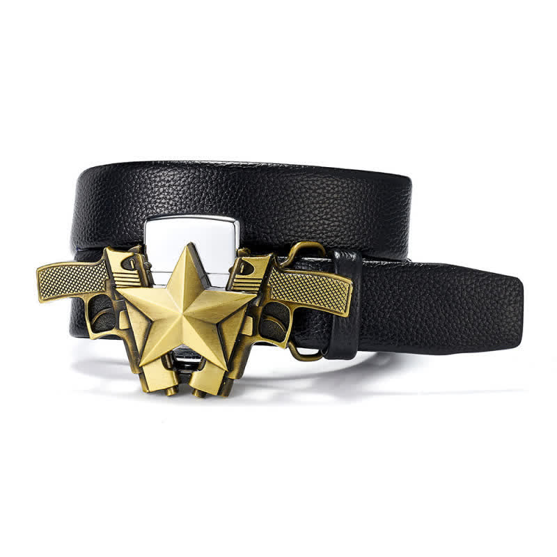 Men's Gold Pistols Star Leather Belt With Hidden Kerosene Lighter