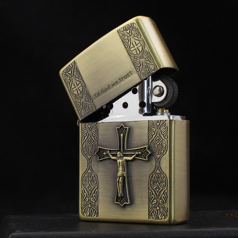 Bronze Jesus Cross Relief Craft Refillable Kerosene Lighter