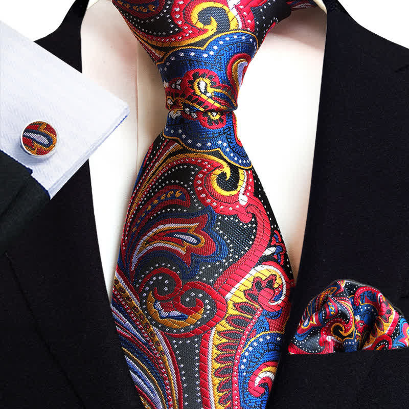 Yellow & Blue 3Pcs Men's Paisley Black Necktie Set