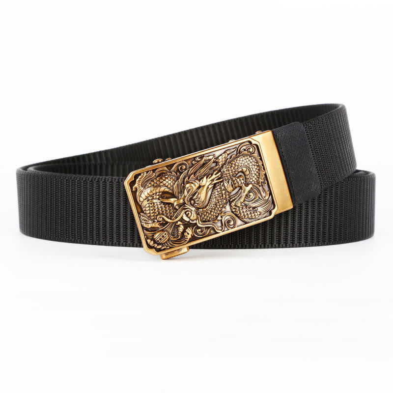 Men's Gold Coiled Dragon Automatic Buckle Nylon Belt