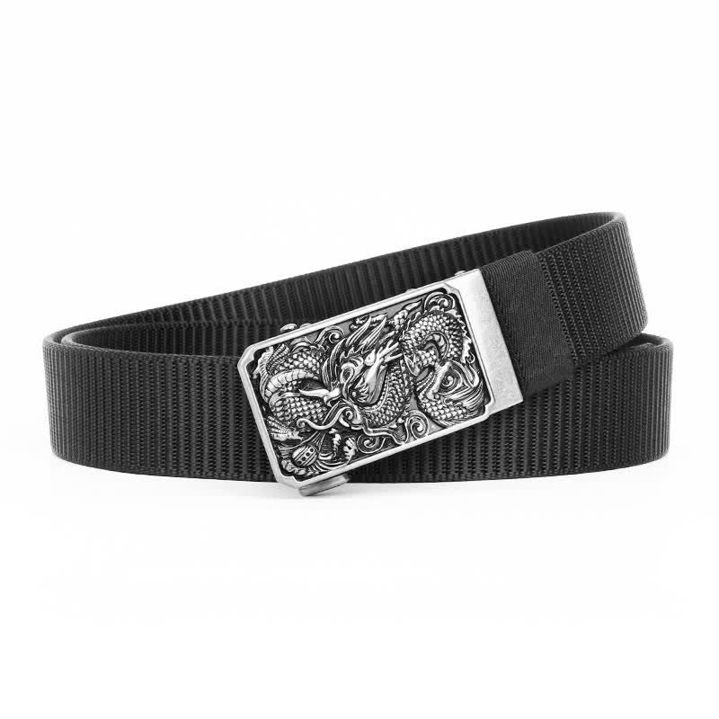 Men's Silver Coiled Dragon Automatic Buckle Nylon Belt