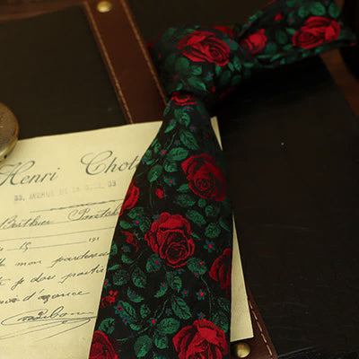 Men's Green Leaves & Red Rose Print Bow Tie Necktie