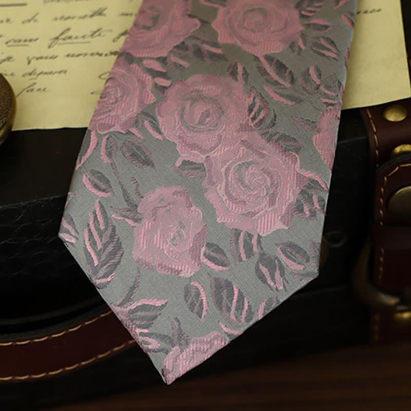 Men's Gray & Pink Rose Floral Pattern Bow Tie Necktie