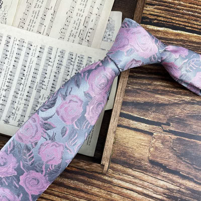 Men's Gray & Pink Rose Floral Pattern Bow Tie Necktie