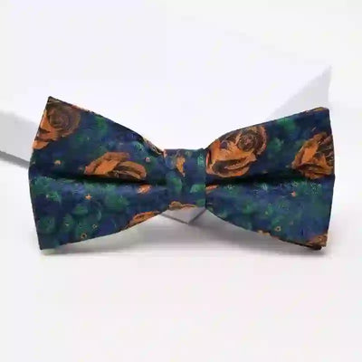 Men's Navy & Orange Rose Floral Printed Bow Tie Necktie