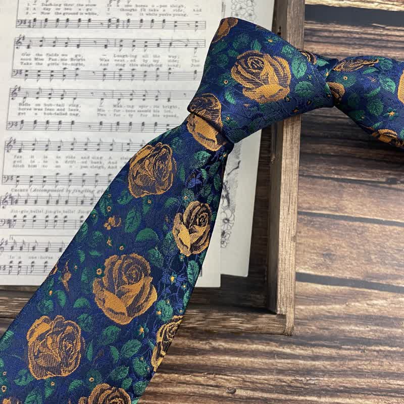 Men's Navy & Orange Rose Floral Printed Bow Tie Necktie