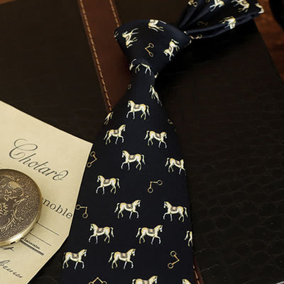 Men's Midnight Blue & Gold Saddled Horse Motifs Necktie