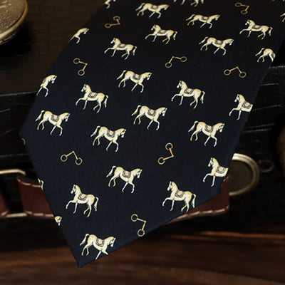 Men's Midnight Blue & Gold Saddled Horse Motifs Necktie