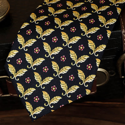 Men's Red Flowers & Gold Butterfly Motifs Dark Blue Necktie