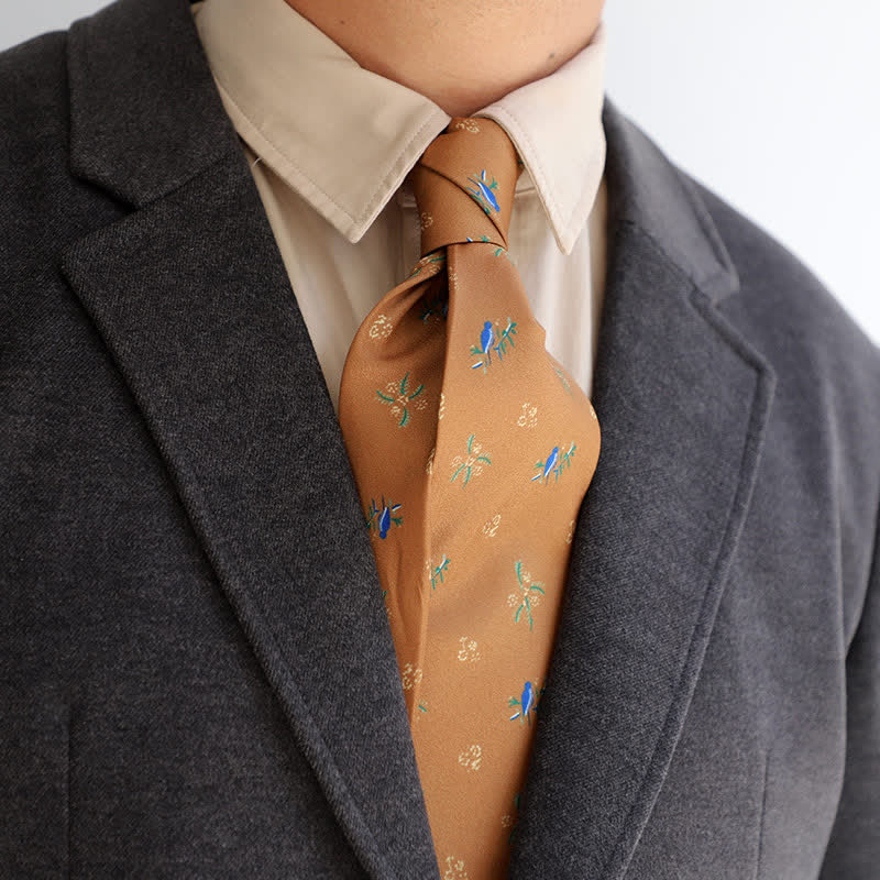 Men's Blue Bird & White Little Flowers Dark Orange Necktie