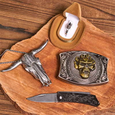 Gold Skull DIY Hidden Knife Belt Buckle Bull Pendant Tactical Ring Bundle Set