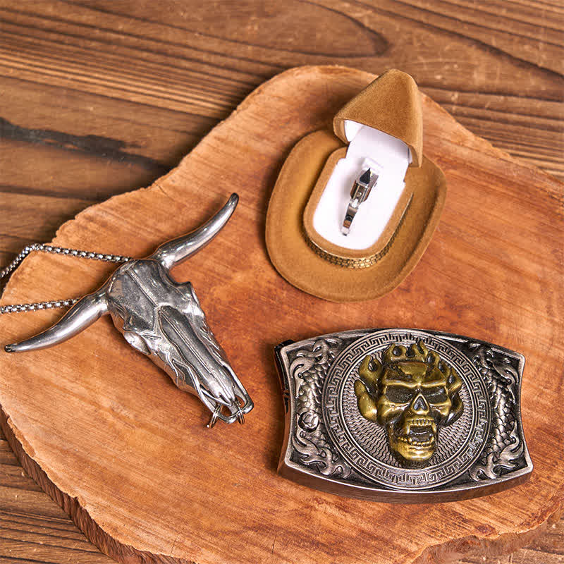 Gold Skull DIY Hidden Knife Belt Buckle Bull Pendant Tactical Ring Bundle Set