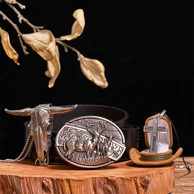 Dual Deers DIY Hidden Knife Belt Buckle Bull Pendant Creative Cross Necklace Bundle Set