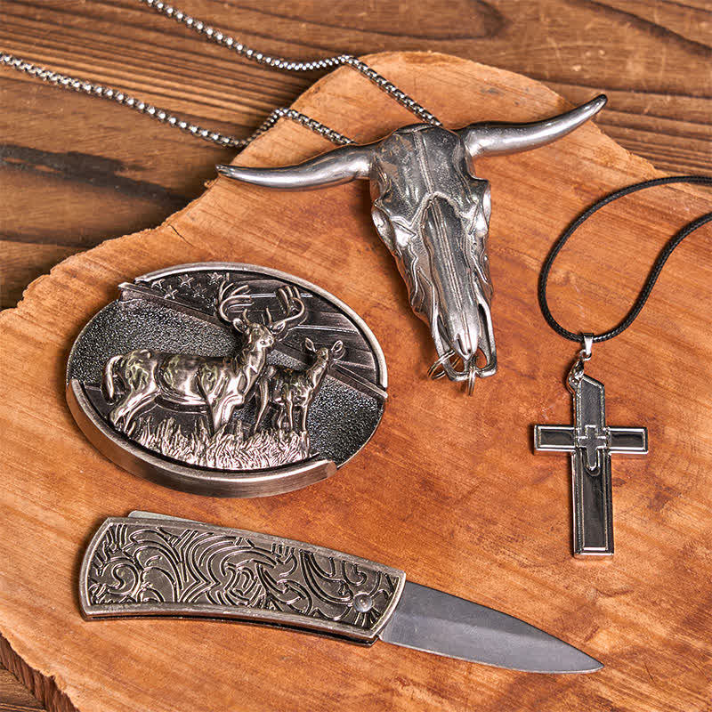 Dual Deers DIY Hidden Knife Belt Buckle Bull Pendant Creative Cross Necklace Bundle Set