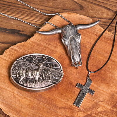 Dual Deers DIY Hidden Knife Belt Buckle Bull Pendant Creative Cross Necklace Bundle Set