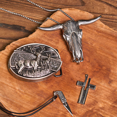 Dual Deers DIY Hidden Knife Belt Buckle Bull Pendant Creative Cross Necklace Bundle Set